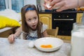 Small girl going to beat the dough for pancakes Royalty Free Stock Photo