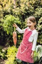 A small girl harvesting vegetables on allotment, holding a big carrot.