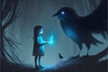 A young girl and her giant crow companion stand in a blue forest with glowing trees. Fantasy concept , Illustration painting.