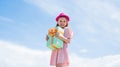 Small girl hold present box. little kid with gift box. happy birthday party. childhood happiness. lets celebrate holiday Royalty Free Stock Photo