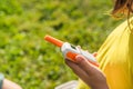 Small girl,kid play in walkie-talkie.Walkie Talkies with channels.Game of detectives, spies.Children talk,say messages Royalty Free Stock Photo