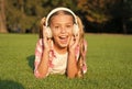 small girl listen audio book. new technology for kids. happy childhood memories. listening to music. back to school. kid