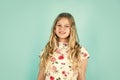 Small girl with long blond hair. fashion model kid has blonde hairstyle. hairdresser for child. shampoo cosmetic for