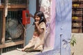 Small girl making a phone call in rural India