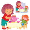 Small girl plays with a doll, treats her with tea Royalty Free Stock Photo