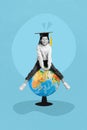 Small girl school girl sitting on big globe globus ball favorite subject geography lesson isolated painted colored blue