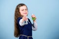 Small girl scientist with testing flask. back to school. science research in lab. Small genius girl. education and