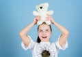 Small girl with soft bear toy. child psychology toy shop. childrens day. Best friend. playground in kindergarten. little Royalty Free Stock Photo