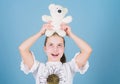 Small girl with soft bear toy. child psychology toy shop. childrens day. Best friend. playground in kindergarten. little Royalty Free Stock Photo