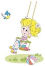 Small girl swinging with a funny birdie