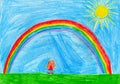 Small girl under the rainbow, child`s drawing Royalty Free Stock Photo