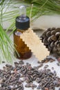 A small glass of aleppo pine essential oil Royalty Free Stock Photo