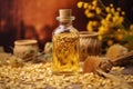 A small glass bottle with a cork stopper with sesame oil