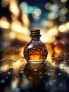 Small glass bottle filled with liquid, sitting on top of table. It is surrounded by water droplets and appears to be in Royalty Free Stock Photo