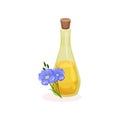 Glass bottle of linseed oil and blue flax flowers. Organic product. Natural cooking ingredient. Flat vector icon