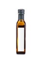 Small glass bottle of olive oil with blank white label isolated on white background. Template for product design. Extra virgin