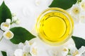 Small glass bowl with cosmetic/massage/cleansing jasmine aroma oil. Copy space. Royalty Free Stock Photo