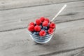 Small glass bowl with spoon full of blueberries and raspberries Royalty Free Stock Photo