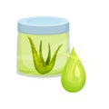 Small glass jar with aloe vera gel and green leaves, big shiny drop. Natural cosmetic for skin care. Flat vector icon Royalty Free Stock Photo