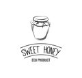Small glass jar Sweet honey label, logo, badge. Eco product. Vintage vector