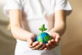 A small globe with trees in the hands of a child. Layout of the planet made of plasticine in children`s palms. Concept