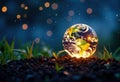 Small glowing Earth globe resting on soil with sprouting plants and a blurred Royalty Free Stock Photo