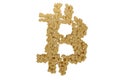 Small gold blocks build up to form the bitcoin symbol.3D illustration.