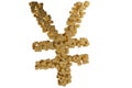 Small gold blocks build up to form the Yen symbol.3D illustration.