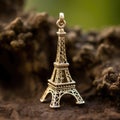 A small gold eiffel tower charm on a rock, AI