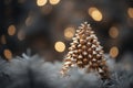 a small golden christmas tree is sitting on top of a fir tree