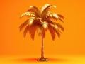 Small, golden palm tree standing on an orange background. It is positioned in center of frame and appears to be quite