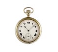 Small golden pocket watch under the lights isolated on a white background Royalty Free Stock Photo