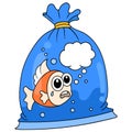 Small goldfish in a bag with bubble chat template, doodle icon image kawaii