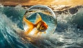 Small Goldfish in a Crystal Sphere in the Stormy Sea - Generative Ai Royalty Free Stock Photo