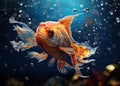 A small goldfish swims in the water with bubbles. Generated by AI Royalty Free Stock Photo