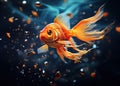 A small goldfish swims in the water with bubbles. Generated by AI