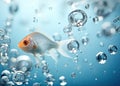 A small goldfish swims in the water with bubbles. Generated by AI Royalty Free Stock Photo