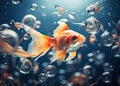 A small goldfish swims in the water with bubbles. Generated by AI Royalty Free Stock Photo