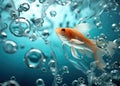 A small goldfish swims in the water with bubbles. Generated by AI Royalty Free Stock Photo