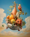 Small gourd flying high amongst other things. Style of photorealist painter and flowerpunk