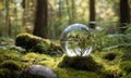 A small graceful tree, encased in a transparent glass sphere, against the background of a lush green forest.