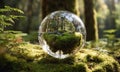 A small graceful tree, encased in a transparent glass sphere, against the background of a lush green forest.