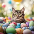 Small gray cat is sitting in middle of pile of Easter eggs