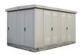 Small gray closed metal shed with electrical equipments isolated