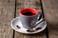 Small Gray Cup of Coffeeon on Old Wooden Background Cup of Espresso Morning Hot Drink Horizontal Royalty Free Stock Photo