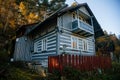 Small gray house, Old wooden timber hut with a fence, Cottage surrounded by trees, Bohemian Paradise, rock formation Besednicke Royalty Free Stock Photo