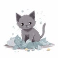 a small gray kitten sitting on top of a pile of trash next to a book and a pile of paper on the floor with a white background