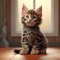 Small gray maine coon kitten sitting realistic 3d