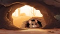 A small gray mouse looks out of a mink, close-up