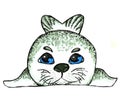 Small gray seal Belek baby seal on a white background. Cartoon hero. Drawn by hand with alcohol markers.